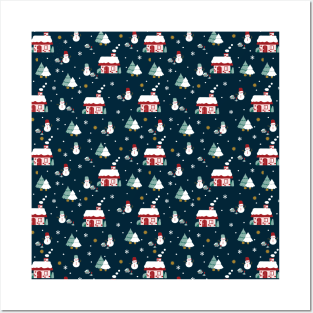 Cabin House and Snowmen Art Pattern Posters and Art